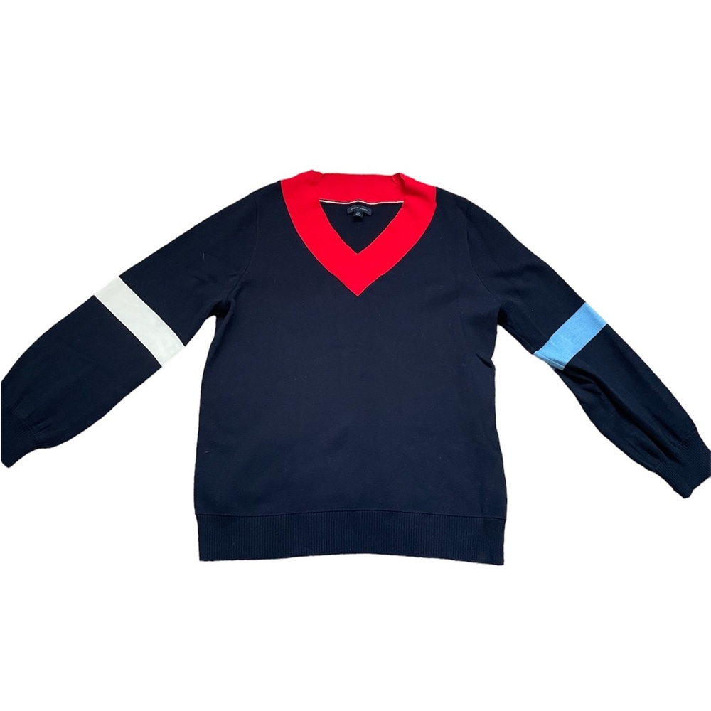 NWOT Tommy Hilfiger Balloon Sleeve V-Neck Color Block Navy Sweater (size L)